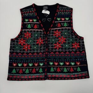 Vintage Christmas Sweater Vest Women's XL Poinsettia Beaded Vest Embellished